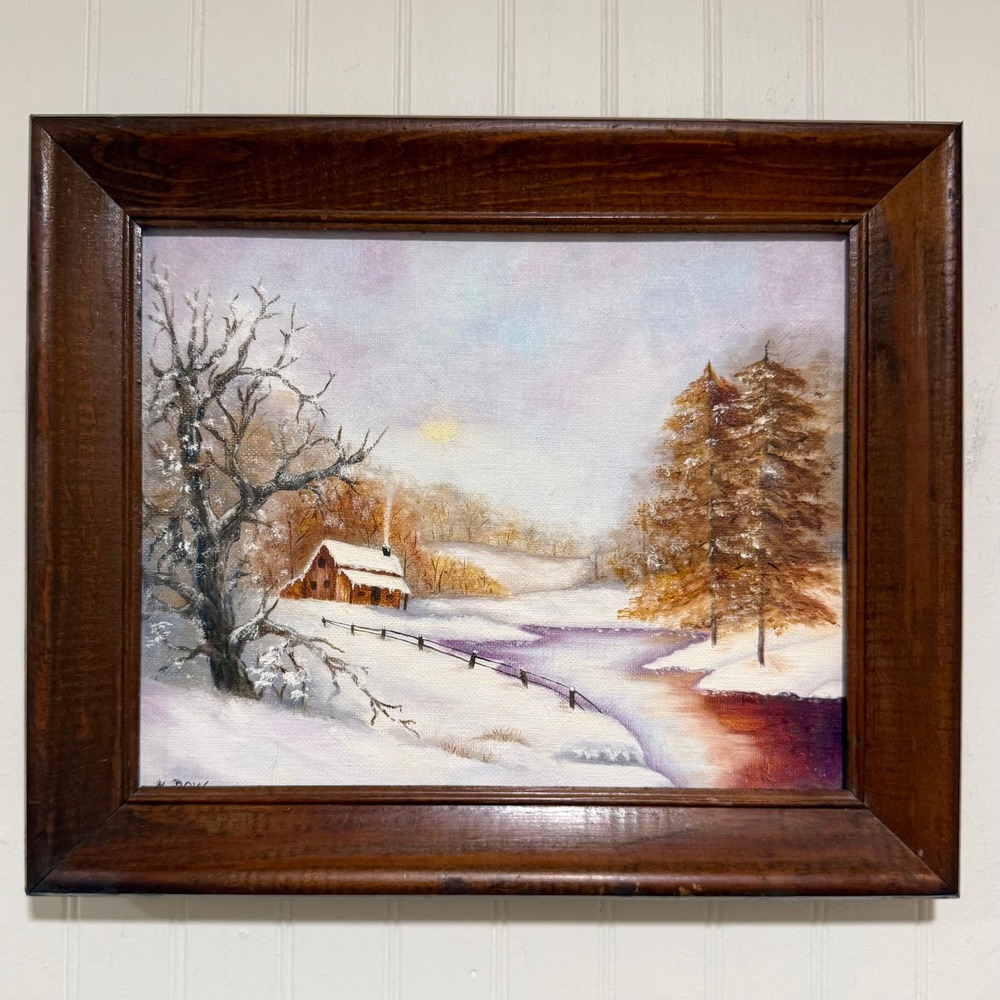 Vintage Signed Oil Painting Winter Snowy Cabin Creek Framed Cottage Landscape